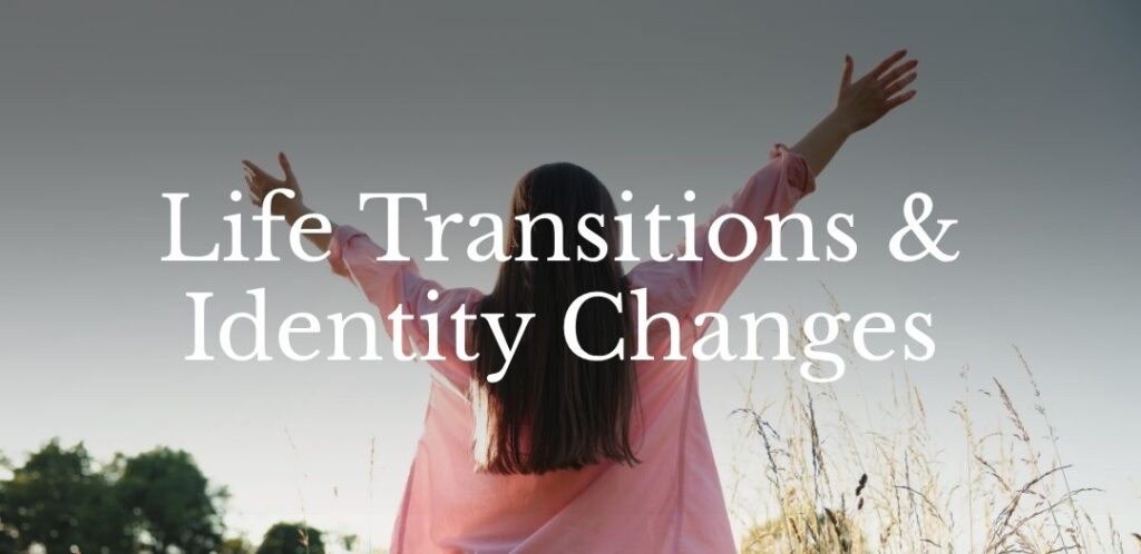 Woman standing outdoors with arms raised, symbolizing growth, freedom, and navigating life transitions and identity changes.